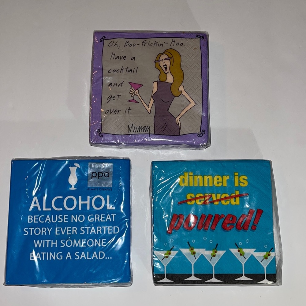 Funny Beverage cocktail paper napkins 3 different packs.